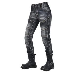 Women's vintage biker motorcycle jeans in charcoal grey wash with protective knee accordion panels