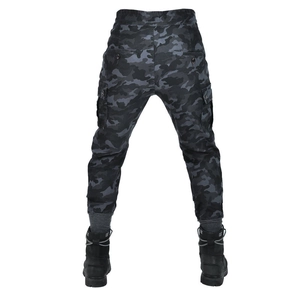 Men's dark camo motorcycle riding pants with cargo pockets and elastic cuffs back view