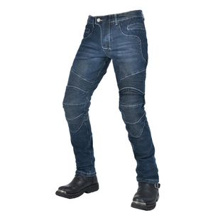 Men's blue motorcycle jeans with protective knee pleats and stretch panels for riding