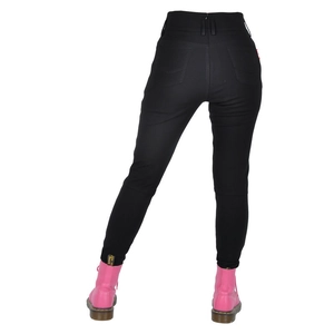 Detail view of high-waist women's motorcycle pants featuring back pockets and red label