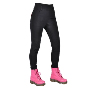 Detail of reinforced diamond-stitched knee patches on women's slim motorcycle riding pants