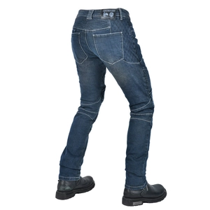 Detail of motorcycle jeans showing accordion stretch panels and quilted reinforced areas