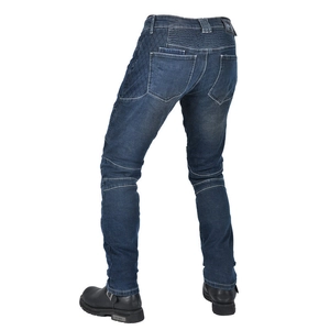 Retro stretch denim motorcycle jeans with elastic accordion panels and quilted stitching