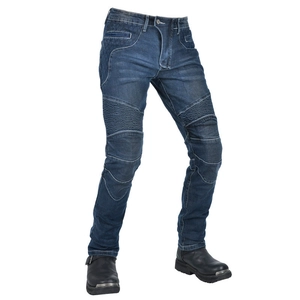 Men's retro biker jeans in dark wash with accordion stretch panels and quilted stitching