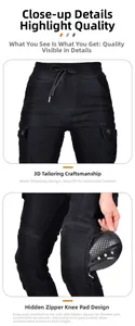 Détail du pantalon de moto avec poche genouillère zippée et coupe 3D ergonomique