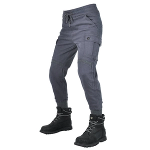 Detail of cargo pants with side flap pocket and reinforced knee stitching in grey denim