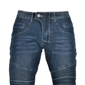 Detailed close-up of blue biker jeans featuring ribbed panels and white contrast stitching