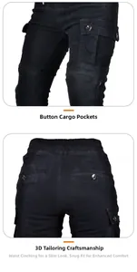 Détail des poches cargo et coupe 3D sur le jean de moto noir pour femme avec poches