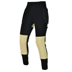 Detail view of motorcycle riding pants with reinforced knee armor for women