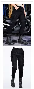 Détails des genoux renforcés et des poches cargo sur ce pantalon de moto noir