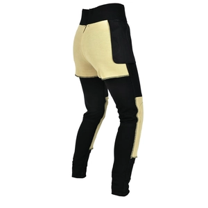Detail view of reinforced stitching and ergonomic color-block panels on motorcycle leggings
