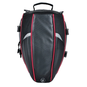 Close-up of waterproof motorcycle tail bag with carbon fiber texture and red piping