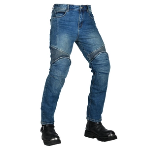 Detail of accordion stretch panels on blue motorcycle riding jeans for enhanced comfort