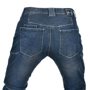 Rear view detail of motorcycle denim jeans with stretch panels and protective hip padding