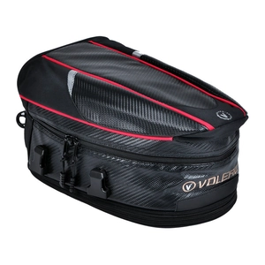 Waterproof motorcycle tail bag in carbon fiber texture with red trim and VOLERO logo