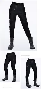 Détail du pantalon moto noir avec taille élastique à cordon et poches cargo latérales