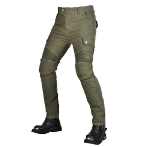 Army green biker jeans with knee stretch panels and protective cargo pockets