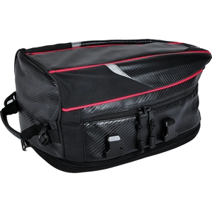 Waterproof motorcycle tail bag featuring carbon fiber texture and red trim details