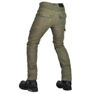 Olive green protective motorcycle jeans with accordion panels and cargo pockets
