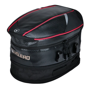 Detail of waterproof motorcycle tail bag with carbon fiber texture and red piping accents