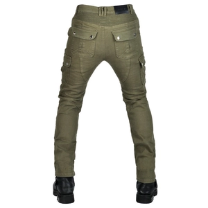 Army green motorcycle cargo pants with rear accordion stretch panels and flap pockets