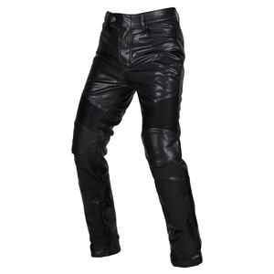 Detail view of black motorcycle leather pants featuring protective padding and stretch panels