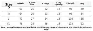 Size chart for women's motorcycle jeans detailing waist, hip, and length measurements
