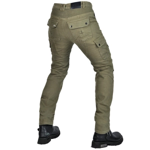 Olive green protective motorcycle riding cargo pants with reinforced knee and waist panels