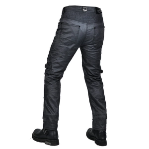 Rear view of charcoal grey motorcycle riding jeans with protective stretch panels and boots