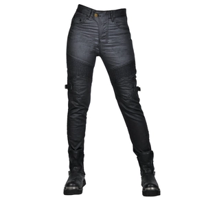 Women's vintage coated motorcycle pants with accordion knees and tactical side buckles