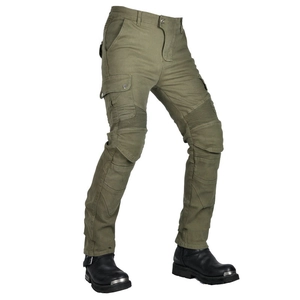 Detail of olive green motorcycle pants featuring flexible knee panels and cargo pockets