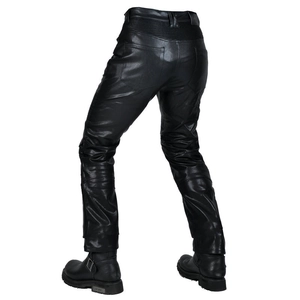 Men's vintage black motorcycle faux leather riding pants with elastic waist detail