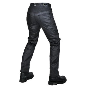 Men's motorcycle riding jeans in dark grey coated denim with back elastic panels