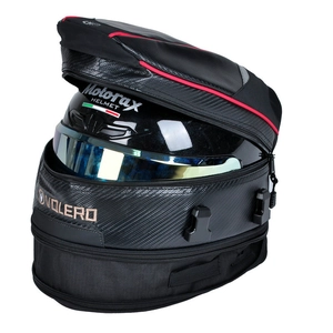 Close-up of waterproof motorcycle tail bag showing large capacity for full-face helmet