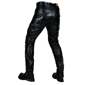 Men's retro black faux leather motorcycle pants with cargo pockets and accordion stretch panels
