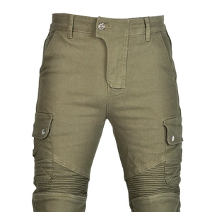 Macro view of olive green biker pants showing knee pleats and tactical cargo pockets