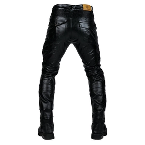 Men's retro black waterproof motorcycle leather pants with protective gear back view