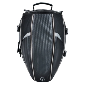 Detail of waterproof motorcycle tail bag featuring durable carbon fiber texture and buckles