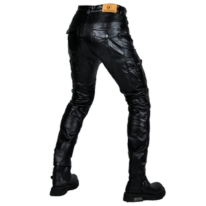 Men's black motorcycle leather pants with cargo pockets and protective knee pleats