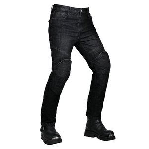 Detail of motorcycle jeans with accordion stretch panels on knees for enhanced mobility