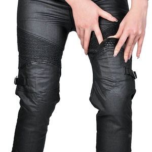 Detailed view of women motorcycle jeans featuring protective knee armor and stretch panels