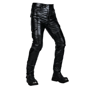 Detail of black motorcycle cargo pants with knee accordion panels and tactical side pockets