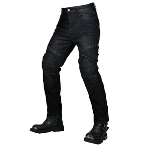 Detail of accordion stretch panels on knees of heavy-duty motorcycle riding jeans
