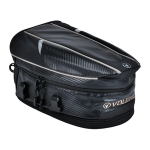 Macro detail of waterproof carbon fiber texture motorcycle tail bag with touch screen pocket