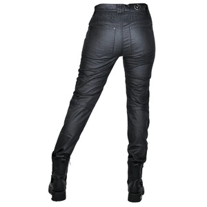 Jean moto femme noir ciré ajusté avec panneaux extensibles et renforts aux genoux
