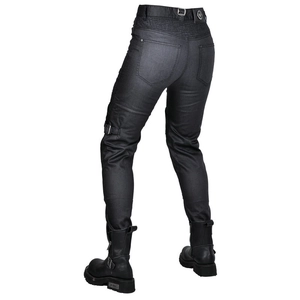 Women's vintage coated motorcycle pants with protective stretch waist and metal buckles