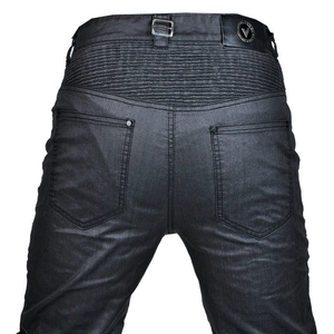 Rear view detail of black motorcycle jeans with elastic waist stretch and leather logo patch