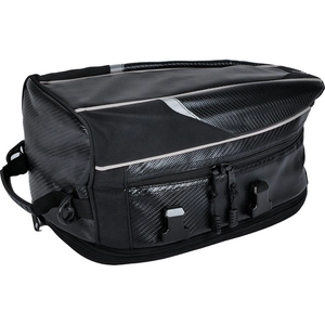 Detail of waterproof motorcycle tail bag with carbon fiber texture and reflective strips