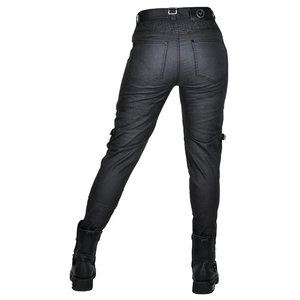 Retro black coated motorcycle pants with matte finish and slim fit design for women
