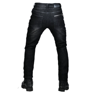 Detail of men's motorcycle jeans featuring elastic accordion panels and zipper pocket